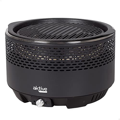 AKTIVE 63002 - Barbecue au Charbon de Bois Rechargeable sans Fumée avec Piles Noir, Anti-Gouttes, Dimensions Ø34X22cm, Sac de Transport Inclus, Cuisson à l'Intérieur, Gril
