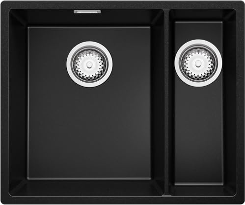 PRIMAGRAN Spülbecken ab 60er Unterschrank + Ablauf-Set, 56x47cm | Set: Ablauf-Set (Siphon, Ablaufgarnitur, Überlauf) + Granitspüle 1,5 Becken - London Duo Slim, Schwarz