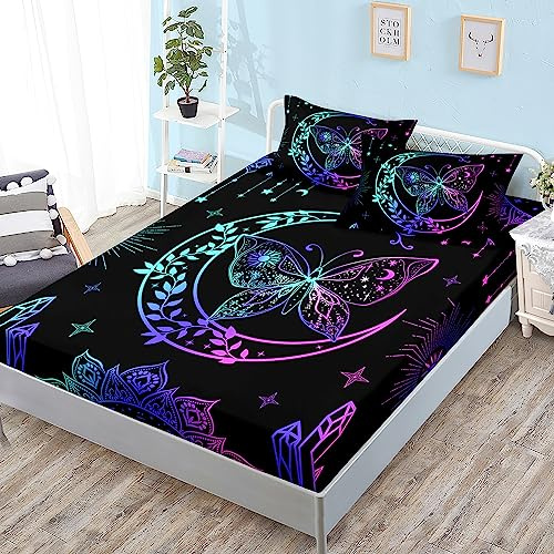 HOSIMA Butterfly Queen Fitted Sheet 3Piece with 2 Pillowcases,Boho Mandala Butterfly Aesthetics Room Decor,Black Toddler Bedding Set Modern Soft Microfiber Bed Sheet with 15-Inch Deep Pockets.