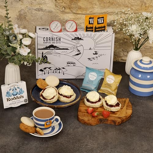 Cornish Afternoon Cream Tea Hamper – 2 Person Deluxe Cream Tea - Fresh Scones, Tea, Jam, Cornish Biscuts & Roddas Clotted Cream, Elegant Packaging Gift - Birthday, Anniversary & Special Occasions