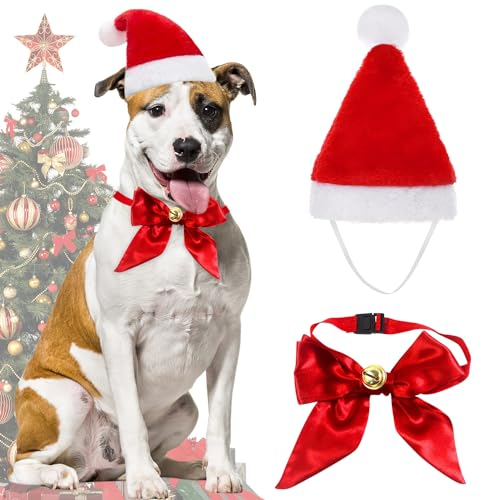 Hunde Katzen Weihnachtskostüm, Haustier Kostüm Weihnachten Kleidung Weihnachtsmütze und Halsband für Hund Katze, Rot Hundekostüm Katzenbekleidung Hundebekleidung Mütze Deko Weihnachts Outfit Geschenk