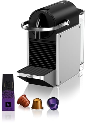 Nespresso De'Longhi Pixie EN127.S Kaffekapselmaschine, zwei Direktwahltasten, ECO-Modus, kompaktes Design, 19 Bar Drucksystem, 1260W, Silber/Schwarz