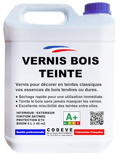Vernis Teinte Bois - Codeve Bois/Chêne foncé - 5L - Intérieur/extérieur - Pour La Décoration D'un Bardage, Persienne, Volet, Huisserie Ou Fenêtre.