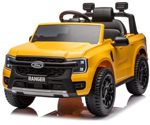 Ford elbil för barn mellan 3 och 6 år, motoreffekt 30 W, fjärrkontroll, fjädring, strålkastare, MP3-spelare (Gul)