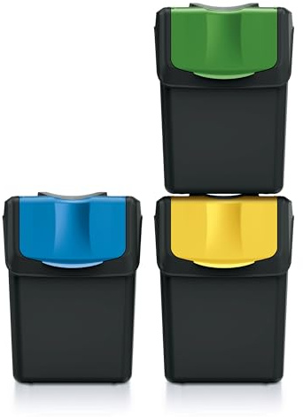 IMJ-Global Juego de 3 cubos de basura Sortibox | Negros | Apilables | Reciclaje diferenciado | de plástico | 60 litros (3 x 20L) | para casa interior