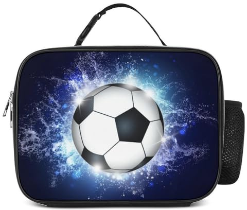 Miyeiw Customised Football Lunch Bag with Name/Text, Sports-Themed Lunch Box for Boys Men, Personalised Soccer Pattern Portable Insulated Meal Bag with Handle & Bottle Holder