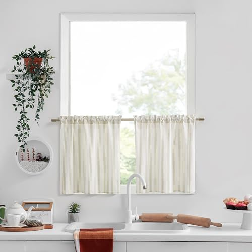 ZJDECOR White Cotton Blended Tier Cafe Curtains with Beige Vertical Stripes 24 Inches Long,Farmhouse Light Filtering Kitchen Curtain,Rod Pocket Small Window Treatment,27Wx24L(Pack of 2),Beige/White