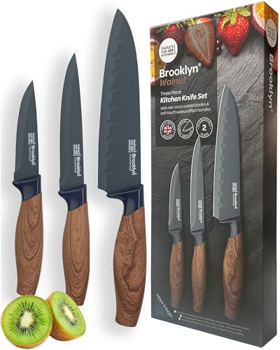 Taylors Eye Witness 3pc Walnut Look Presentation Knife Set - Brooklyn Anti-Bacterial Non Stick Blue Coated Blades. 9cm Paring, 13cm All-Purpose & 16cm Oriental Santoku Chefs Knife. Soft Touch Handles.