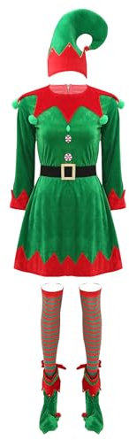 FEESHOW Damen Weihnachtself Kostüm Kleid Wichtelmütze Elf Schuhe Strümpfe Und Gürtel Erwachsene Karneval Weihnachtskostüm Party Outfit Grün XL