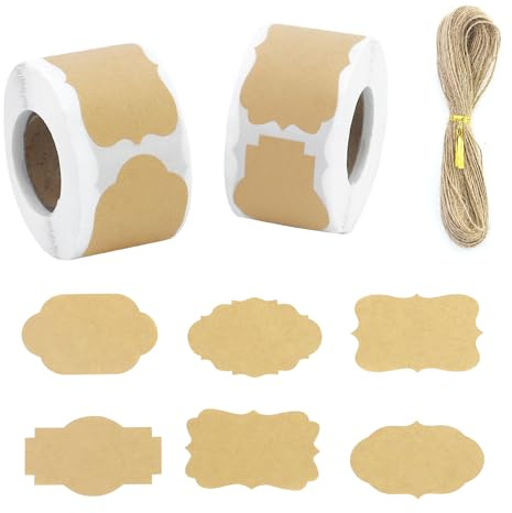 600 fogli etichette autoadesive, fatte a mano, 2 rotoli, colore marrone, forma irregolare per bottiglie marmellata, confezione regalo