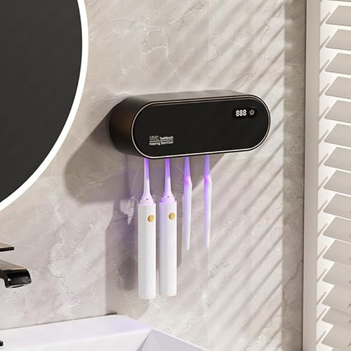 1800mAh Zahnbürste Sterilisator, Zahnbürstenhalter zur Wandmontage mit Zahnbürste Reinigungs Trocknen Zahnbürsten Desinfektionsgerät, Zahnbürstenhalter Wand Desinfektion für Familie, Reise (Schwarz)