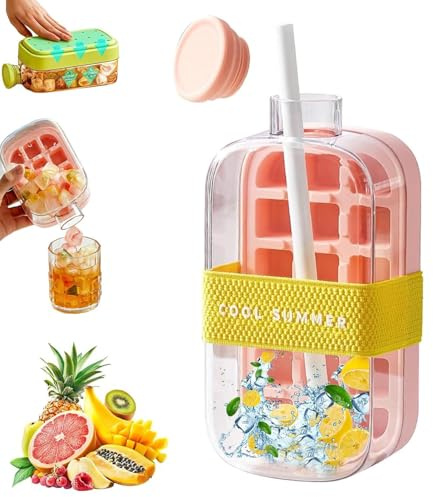 Ice Cube Bottle with Straw, 800ML 2 in 1 Touch-Free Ice Cube Tray Water Bottle with Lid and Bin, Ice Cube Moulds Ice Cube Drinking Bottle for Freezer, Coffee, Juice, and Beverages (Pink)