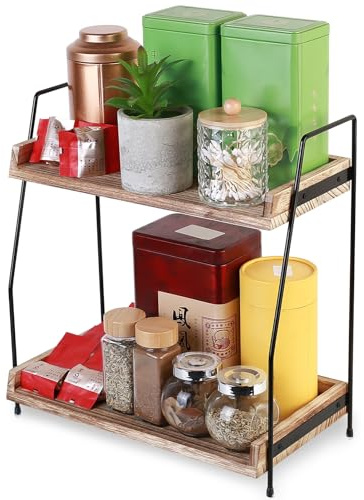 Especieros para Cocina Encimera, Organizador Especias Cocinas, Estante Cocina Organizador Cafe Bar de Madera de 2 Niveles, Estanterias Cocinas para Accesorios Cafe Hogar Oficina