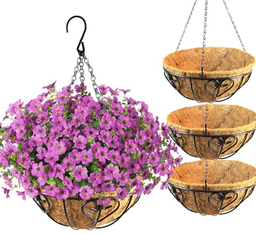 Jusbefine 4 Pack Hanging Flower Basket with Coco Liner, 20cm Round Metal Hanging Planters Outdoor, Flower Pots for Garden Porch Patio Decoration (20cm Heart Pack of 4)