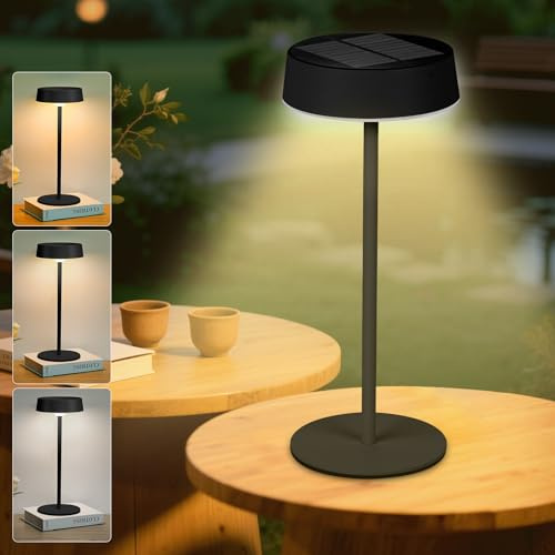 HOTUT Solar Tischlampe Kabellos, 4000 mAh Outdoor Akku Tischleuchte Solar und USB-C Aufladbar, Touch dimmbar LED Tischlampe mit 3 Farbmodi, IP65 Wasserdicht für Innen und Aussen