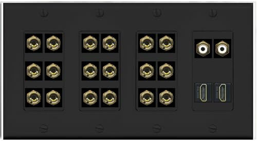 RiteAV Placa de pared con sonido envolvente 9.2, 9 altavoces, 18 conectores banana con 2 subwoofer RCA + 2 conectores HDMI hembra, 4 bandas [negro]