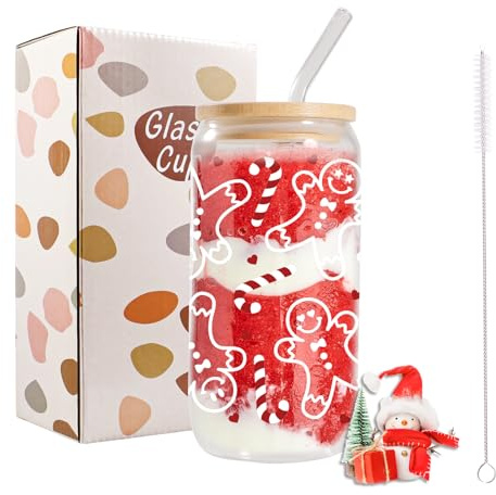 Bliceon Christmas Cups, 16oz Christmas Iced Coffee Mugs, Glass Cups with Lids and Straws, Xmas Gingerbread Glass Cup for Festival Gifts, Smoothies, Beer, Parties, Xmas Decorations