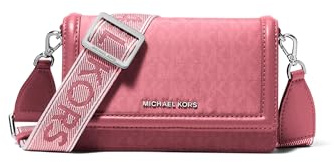 Michael Kors Jet Set Small Phone Crossbody Bag, Silver-Tone Hardware/Signature w/Logo Webbing Strap/Rosewood