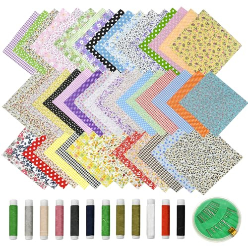 JNEYVIC 50 Stück Stoffreste zum Nähen 20x20cm Stoff Baumwolle Patchwork Stoffpaket Stoff zum Basteln Kinderstoffe Patchwork Stoffe Bunt Stoffpakete mit Nähgarn und Nadeln für DIY Artcraft Handwerk