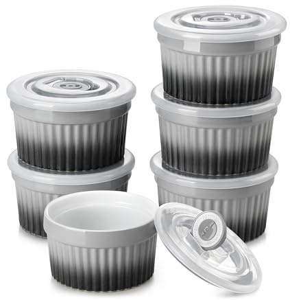 vancasso Moldes para Soufflé con Tapas, 6 Ramequines de Cerámica, 200ml Baking Moldes para Hornear Tartas, Ø 9,5cm Mini Cuencos para Postre, Apto para Lavavajillas, Microondas y Horno, Gris