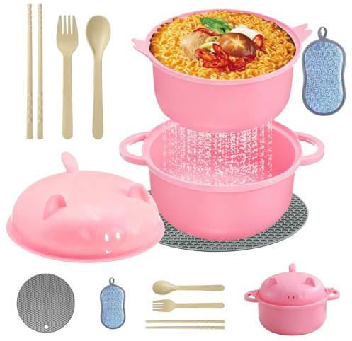 Microwave Ramen Bowl Ramen - Cuenco para microondas Ramen con palillos Instant Ramen Bowl con tapa y cuchara portátil para microondas, para sopa, pasta, ensaladas (rosa)