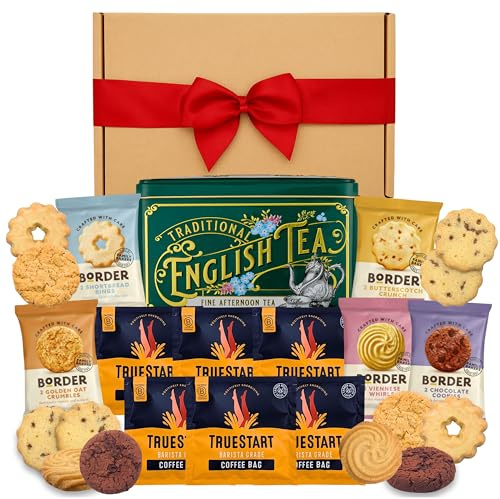 Tea and Coffee Hamper Gift Bundle With x6 TrueStart Instant Coffee Bags, English Afternoon Tea (40 Teabags) & x10 Border Biscuits Mini Packs Biscuit Selection - Gift Hamper Set