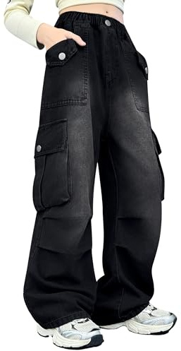 Rolanko Jeans Cargo da Bambina, Pantaloni Larghi Ragazze a Vita Alta Elasticizzati in Denim Vintage con Tasche Multiple, Nero, 11-12 Anni, 160