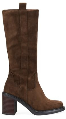 BOSANOVA Botas Altas de tacón para Mujer en Ante con Suela Redonda y tacón Ancho Efecto Madera. Cierre con Cremallera Interior. Calzado para Mujer Marron 41