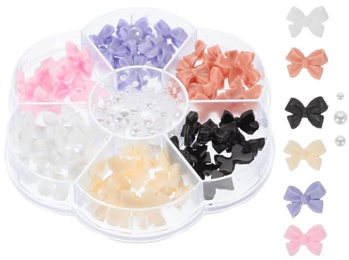 NUOBESTY Adornos de Uñas Lazo y Perla Pequeños para Manicura Caja de 7 Rejillas Decoración de Uñas para Mujeres en Salones y Uso Doméstico