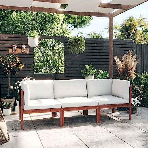 Ziaphsol 3-Sitzer-Gartensofa Akazienholz, Seilgeflecht, Cremefarbene Kissen, Outdoor Patio Möbel Set, Robustes Loungesofa für Garten & Terrasse