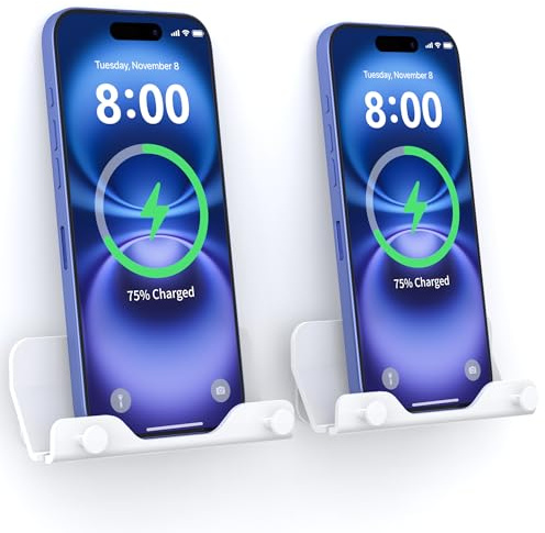 HomeMount Universal mobiltelefonväggfäste och stativ, självhäftande smartphone-hållare för vägg, bord och kök – kompatibel med mini iPads och mobiltelefoner (2 stycken vit)