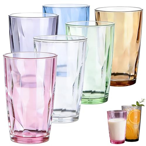 WIYETY 500ml Trinkgläser Bunt Set: 6 Stück Wassergläser Set, Mehrfarbig, Saftgläser Set, Stapelbar Camping Gläser für Picknicks, Camping, Partys, Zuhause und Partys