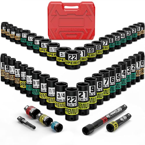 Aurlloct 50 Piezas Juego de Llaves de Vaso de Impacto 3/8, SAE (5/16-3/4) et Métricos (8-22 mm) Vasos de Impacto Largos y Cortos, para de Coches Cambio Neumáticos