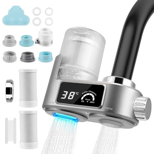 Eirolace Depuratore Acqua Rubinetto con Display LED – Filtro Anticalcare Rubinetto a 8 Strati, Tecnologia Microbolle, 6 Adattatori Universali, Purificatore Acqua per Cucina, Elimina Cloro e Impurità
