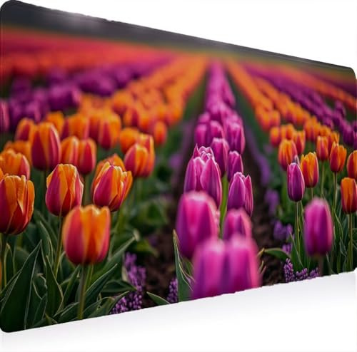 Tapis Souris XXL 700 x 300 Grand Prolongé Tapis Souris, Gamer Bureau Rubber Base Anti Dérapage, Imperméable Mouse Pad, Haute Précision et Vitesse avec Bords Cousus pour Bureau, Tulipes Fleur W0G1-1073