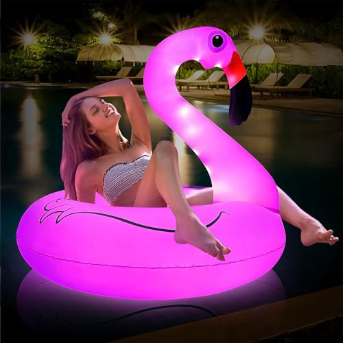 DAJASD Flamingo Pool Lichter Schwimmend, Solar Poolbeleuchtung Schwimmend, IP68 Wasserdicht Aufblasbar Flamingo Schwimmring, Solarlicht Pool Für Pol, Teich, Balkon, Garten, Boden(106x106x100 cm)
