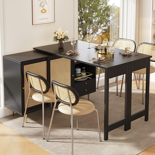Bladez Mesa de bar extensible de 360° con espacio de almacenamiento, mesa alta de 107 a 187 cm, mesa de cocina con puerta de armario de ratán y estantes abiertos, mesa de bar multifuncional para