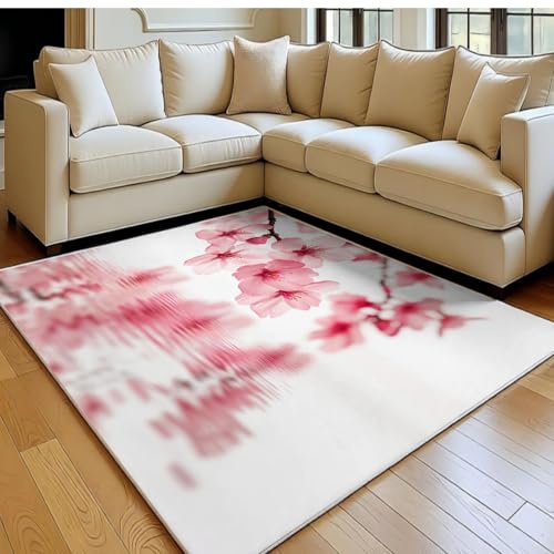 Tappeto 160 x 230 cm fiori di ciliegio Tappeto Bagno e Camera da Letto in Flanella Morbida rosa Antiscivolo per Tavolino e Decorazione