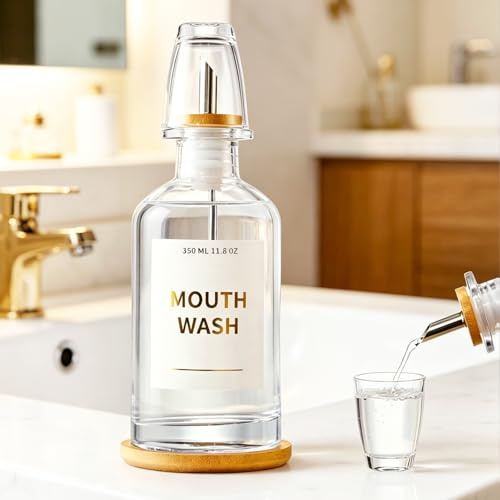 Wapasezyar Dispensador de enjuague bucal de cristal para baño con boquilla de acero inoxidable y bambú, 1 bandeja, vinagre y botellas de aceite, vaso de enjuague bucal reutilizable, embudo para cocina