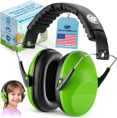 Vanderfields Kids Ear Defenders - 31 dB (2K Hz), Green Fields | Vanderfields kids noise cancelling / ear protection headphones - interntionally certified, soft cushions, adjustable headband