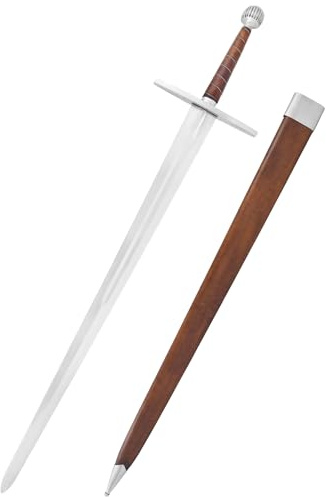 Battle-Merchant Langschwert mit lederbezogener Scheide | Schwert Replik, Spätmittelalter Zweihänder, Historisches Sammlerstück & Dekoration, ab 18