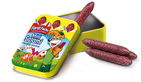 Erzi 15151 Ferdi Fuchs Minisalami aus Holz in der Dose, Kaufladenartikel für Kinder, Rollenspiele