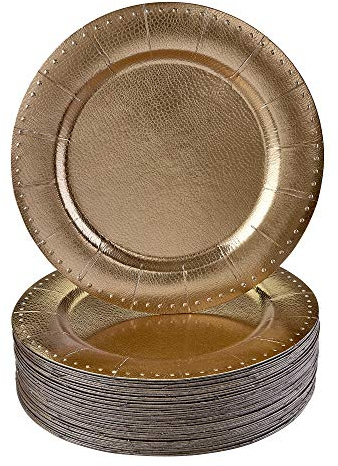 DISPOSABLE ROUND CHARGER PLATES - 20pc (Gold Beaded)