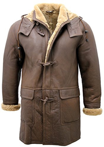 Hombres de piel de oveja de color marrón desmontable capucha abrigo Duffle 5XL