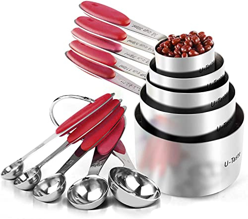 U-Taste Messbecher und Messlöffel Set, 18/8 Edelstahl, 10 Stück, Rot | Griff mit Verbesserter Dicke, Amerikanisch