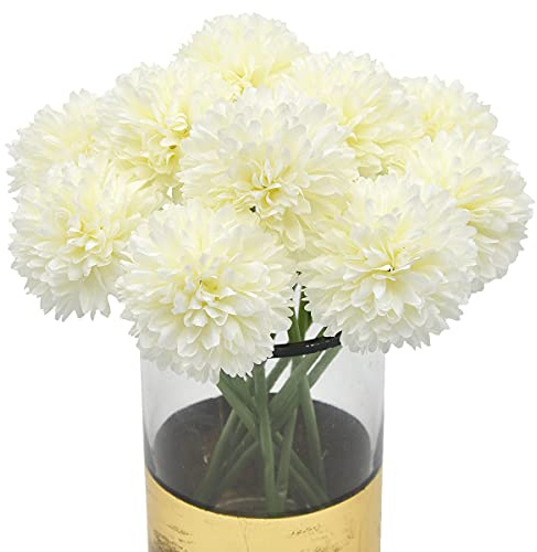 Blooming Paradise 10Pcs Artificial Fake Flower Plants Silk Chrysanthemum Ball Hydrangea Arrangements Wedding Bouquets Decor Home Kitchen Garden Party Table Floral Centerpieces DIY(White)