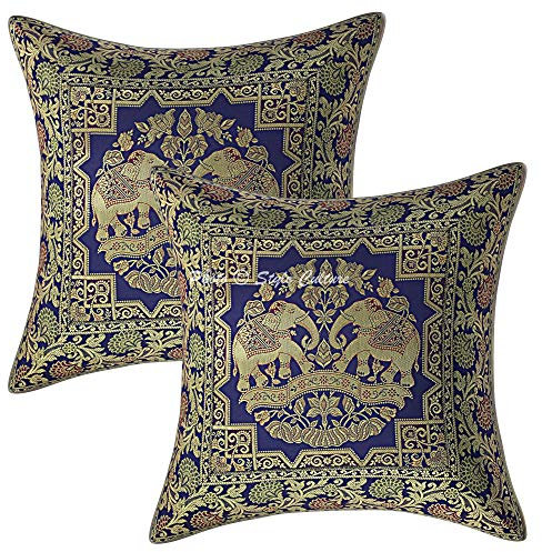 Stylo Culture Boho Forros De Cojines Decorativa 40x40 cm Brocado De Seda Elefante Fundas Almohadones Sofa Azul Marino 16x16 Inch Jacquard Cuadrado Cremallera Fundas Almohadones para Sillas - 2 Pcs