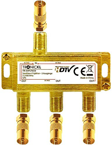 TronicXL 3-Way Coaxial Splitter Antenna Gold Coax Socket F-Connector with DC Pass TV Cable Broadhand Compatible 4K 3D for Virgin Media Aerial view sat Sky Dreambox Satellites Television
