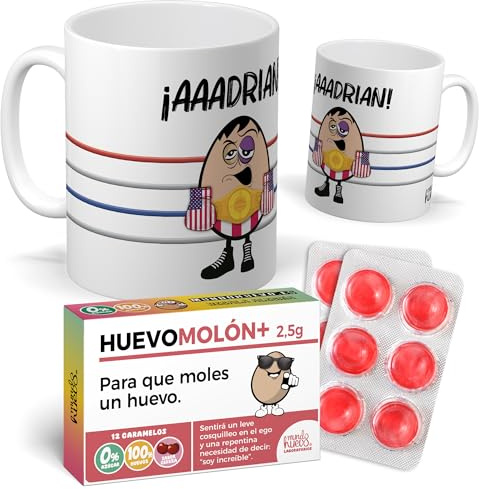 Pack taza divertida Rocky + caramelos HuevoMolón regalo original | Taza de desayuno con huevos boxeadores, regalo friki para cumpleaños, amigos y fans del cine