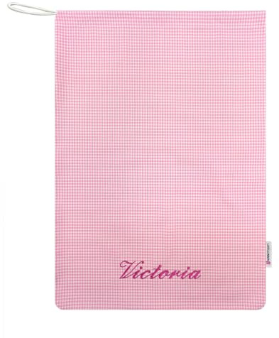 Panini Tessuti Bolsa de guardería con Nombre Bordado para bebé niño y niña para Bolsa de Ropa de Cambio Bolsa de guardería 100% Algodón 46x60 cm(Bolsa de guardería Bordada Cuadrados Rosas
